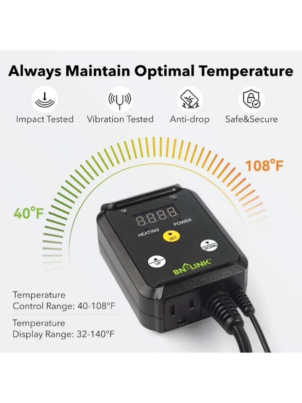 Digital Temperature Controller for Reptiles, Plants & Brewing - 40-108°F, 1000W